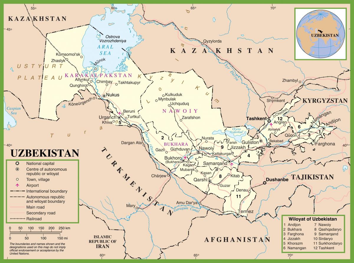mapa Uzbekistánu politické 