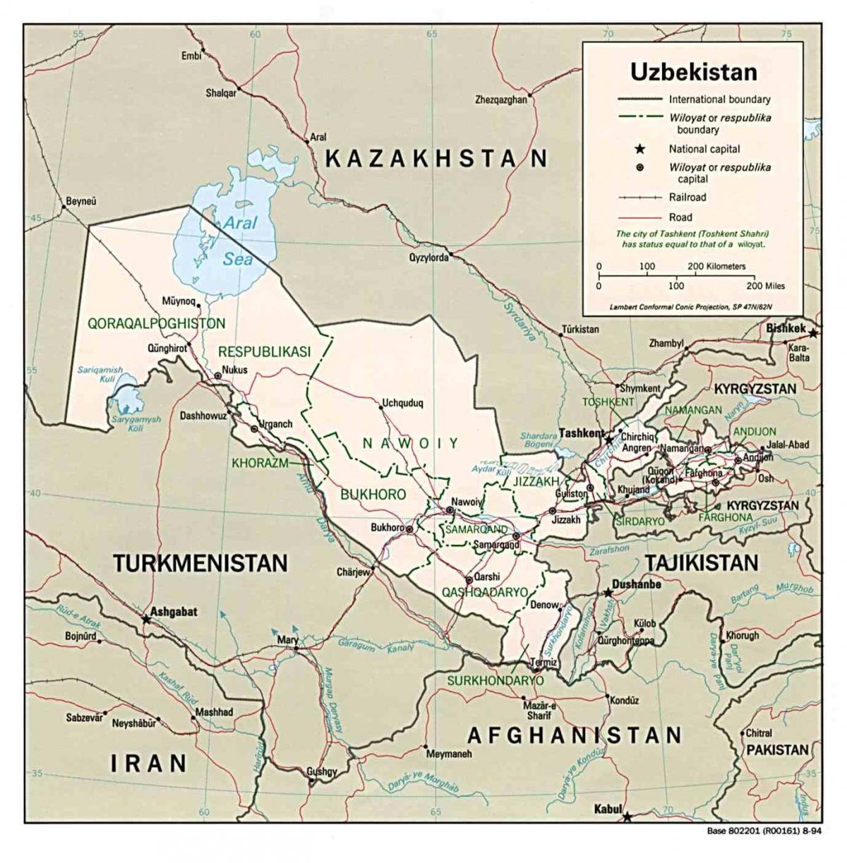 mapa Uzbekistánu okolních zemí