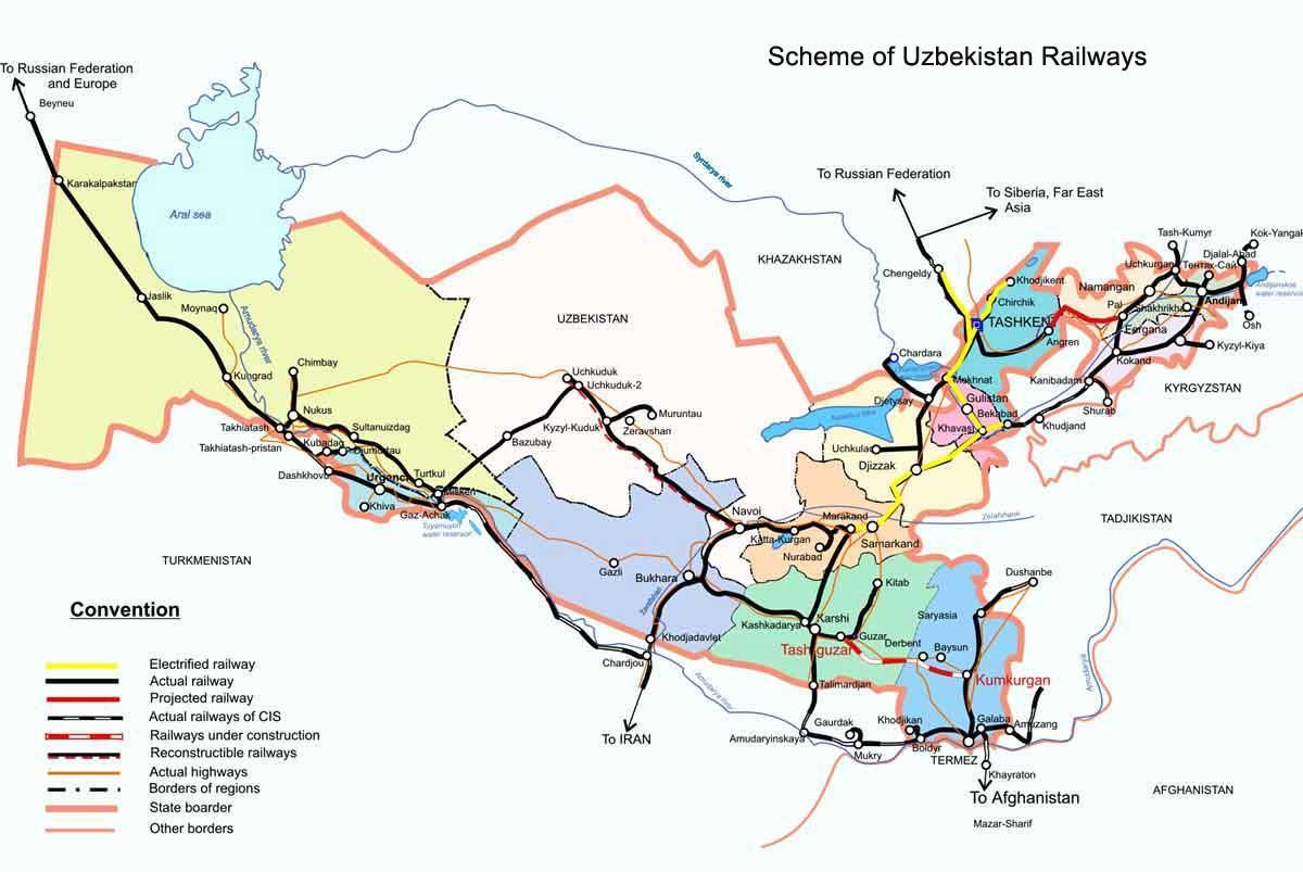 Železniční mapa uzbekistán